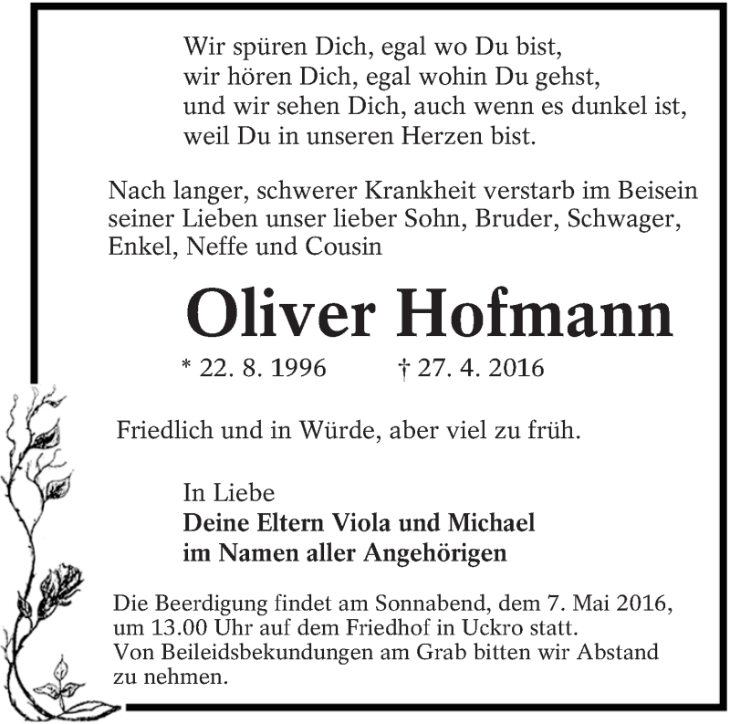  Traueranzeige für Oliver Hofmann vom 30.04.2016 aus lausitzer_rundschau