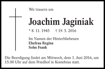 Traueranzeige von Joachim Jaginiak von lausitzer_rundschau