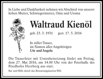 Traueranzeige von Waltraud Kienöl von lausitzer_rundschau