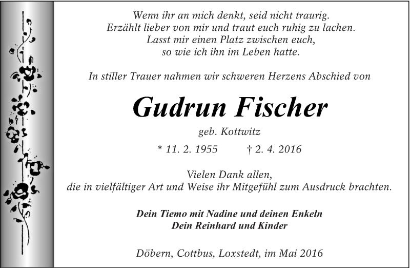  Traueranzeige für Gudrun Fischer vom 30.04.2016 aus lausitzer_rundschau