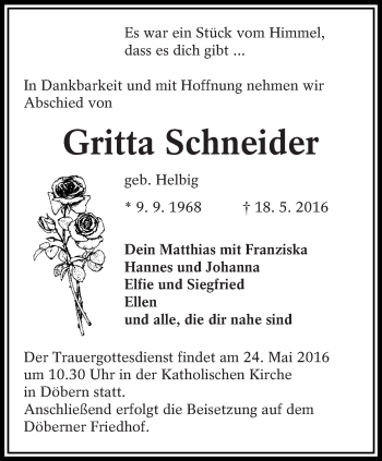 Traueranzeige von Gritta Schneider von lausitzer_rundschau