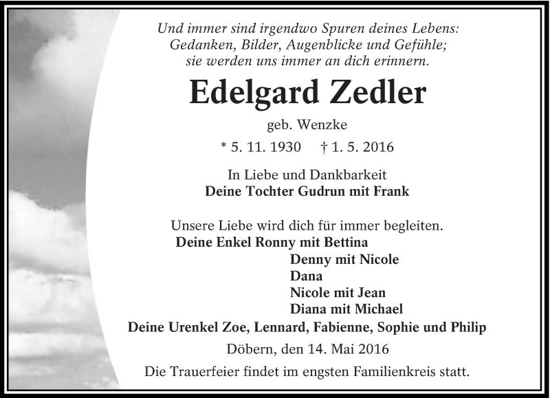  Traueranzeige für Edelgard Zedler vom 14.05.2016 aus Lausitzer Rundschau