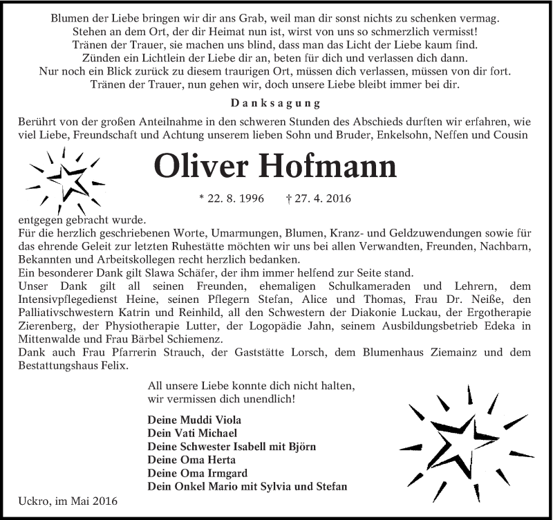  Traueranzeige für Oliver Hofmann vom 28.05.2016 aus lausitzer_rundschau