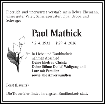 Traueranzeige von Paul Mathick von lausitzer_rundschau