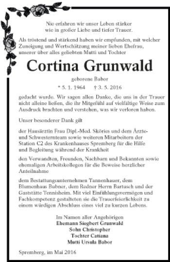 Traueranzeige von Cortina  Grunwald von Lausitzer Rundschau
