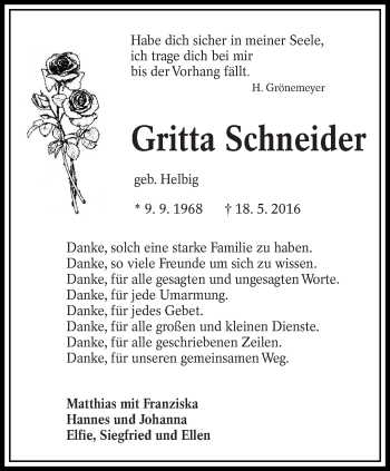 Traueranzeige von Gritta Schneider von lausitzer_rundschau