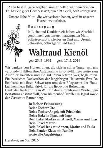 Traueranzeige von Waltraud Kienöl von lausitzer_rundschau