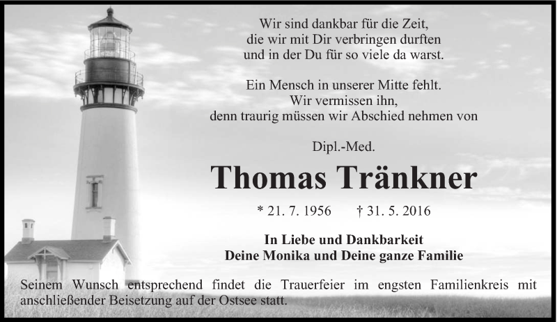  Traueranzeige für Thomas Tränkner vom 11.06.2016 aus lausitzer_rundschau