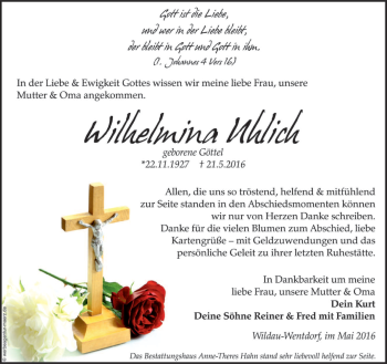 Traueranzeige von Wilhelmina Uhlrich von lausitzer_rundschau