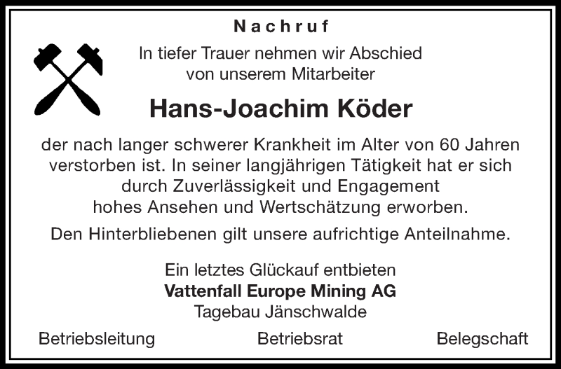  Traueranzeige für Hans-Joachim Köder vom 15.06.2016 aus lausitzer_rundschau