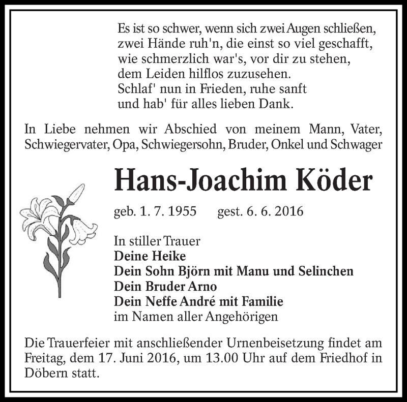  Traueranzeige für Hans-Joachim Köder vom 11.06.2016 aus lausitzer_rundschau