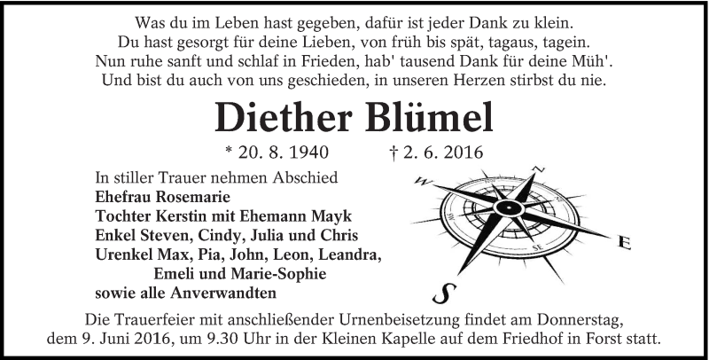  Traueranzeige für Diether Blümel vom 04.06.2016 aus lausitzer_rundschau