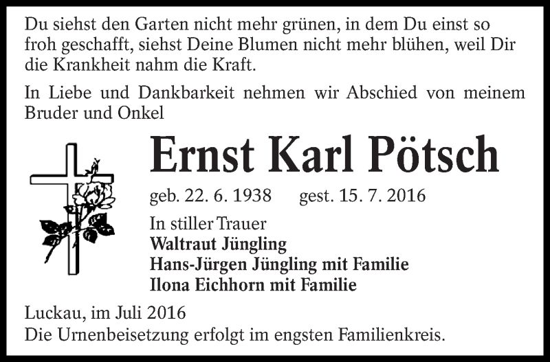 Traueranzeigen Von Ernst Karl Potsch Lr Online Trauer De