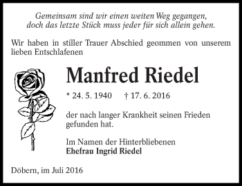 Traueranzeige von Manfred Riedel von lausitzer_rundschau