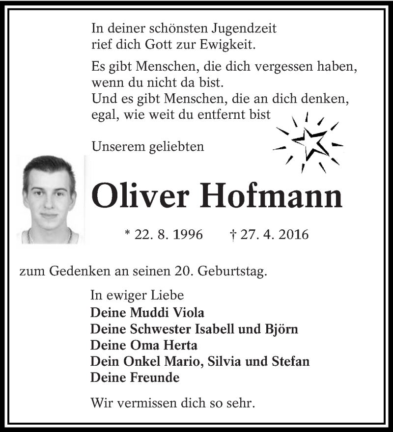  Traueranzeige für Oliver Hofmann vom 20.08.2016 aus lausitzer_rundschau