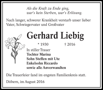 Traueranzeige von Gerhard Liebig von lausitzer_rundschau