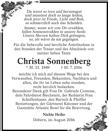 Traueranzeige von Christa Sonnenberg von lausitzer_rundschau