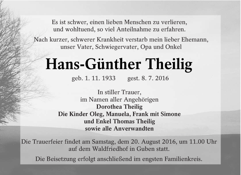  Traueranzeige für Hans-Günther Theilig vom 06.08.2016 aus lausitzer_rundschau