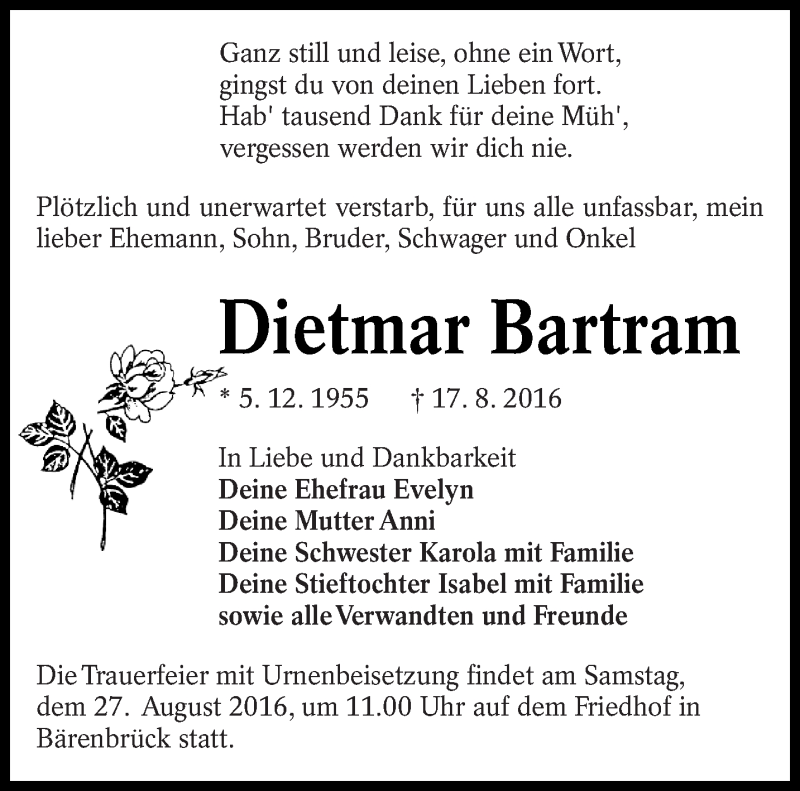 Traueranzeige für Dietmar Bartram vom 22.08.2016 aus lausitzer_rundschau