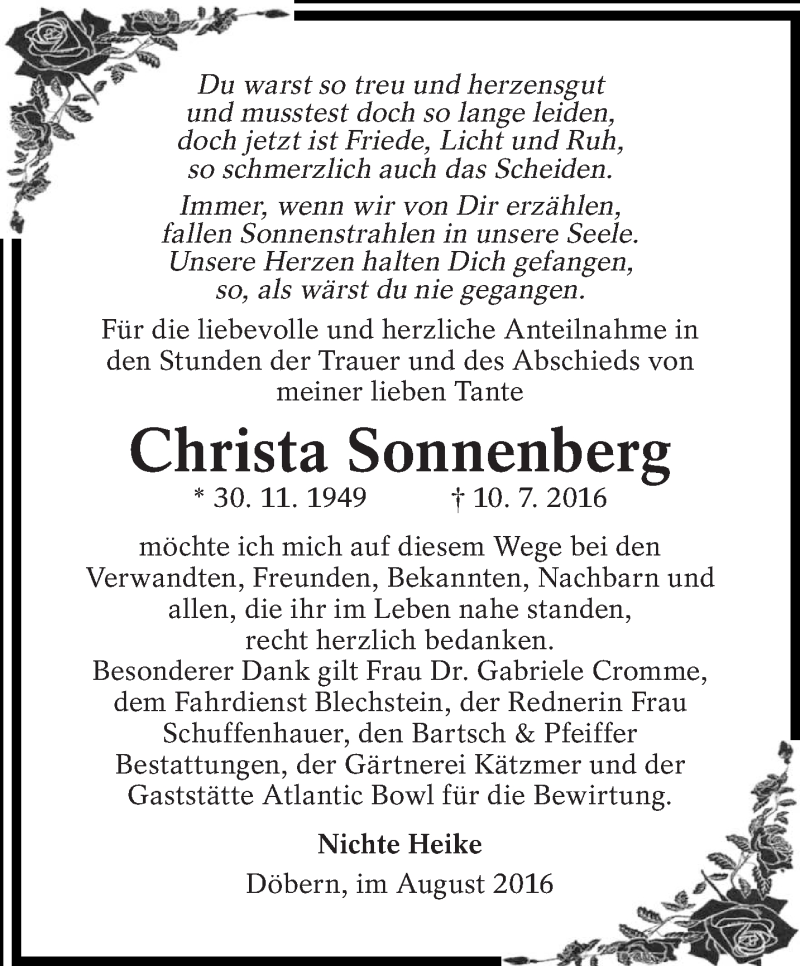  Traueranzeige für Christa Sonnenberg vom 06.08.2016 aus lausitzer_rundschau