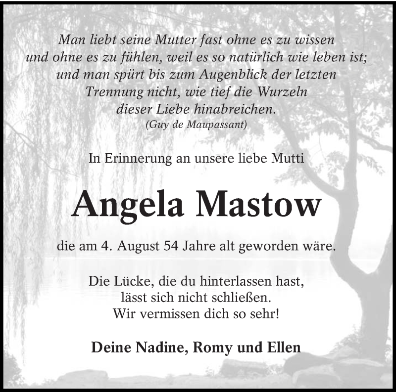  Traueranzeige für Angela Mastow vom 04.08.2016 aus lausitzer_rundschau