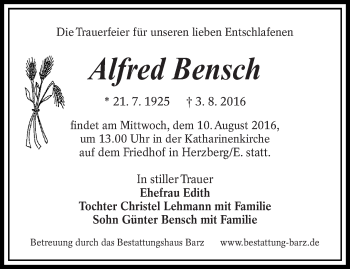 Traueranzeige von Alfred Bensch von lausitzer_rundschau