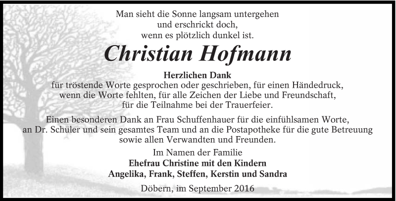  Traueranzeige für Christian Hofmann vom 17.09.2016 aus lausitzer_rundschau
