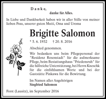 Traueranzeige von Brigitte Salomon von lausitzer_rundschau