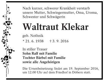 Traueranzeige von Waltraut Klekar von lausitzer_rundschau