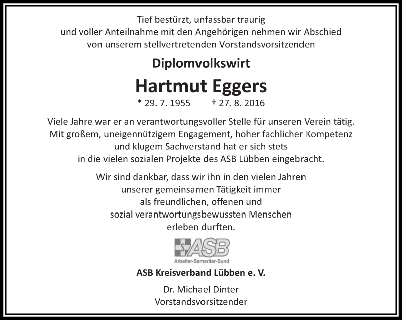  Traueranzeige für Hartmut Eggers vom 10.09.2016 aus lausitzer_rundschau
