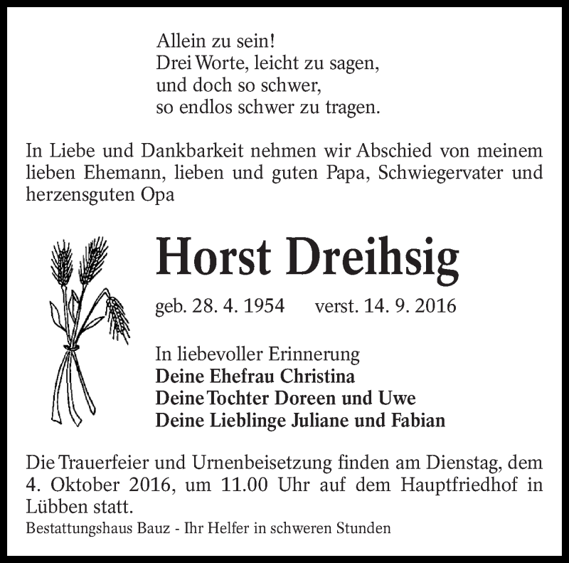  Traueranzeige für Horst Dreihsig vom 24.09.2016 aus lausitzer_rundschau