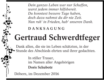 Traueranzeige von Gertraud Schwerdtfeger von lausitzer_rundschau