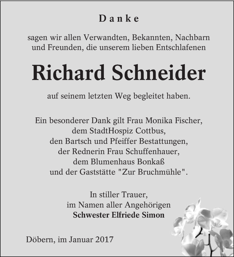 Traueranzeige für Richard Schneider vom 07.01.2017 aus lausitzer_rundschau