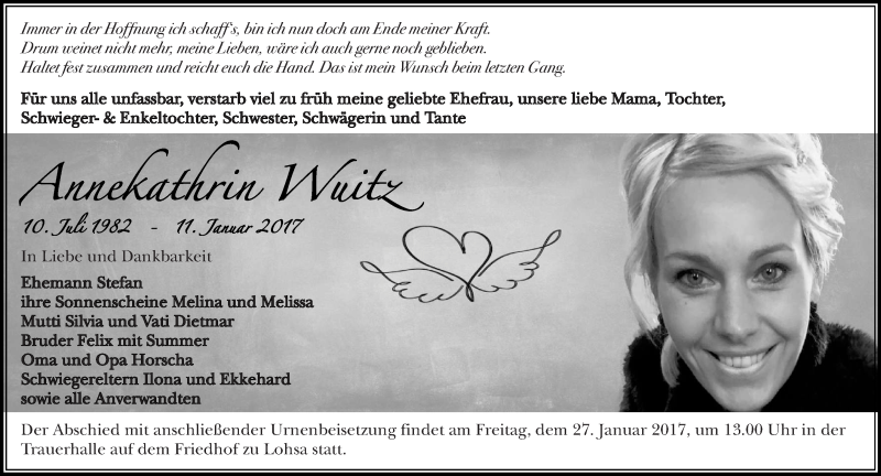  Traueranzeige für Annekathrin Wuitz vom 21.01.2017 aus lausitzer_rundschau