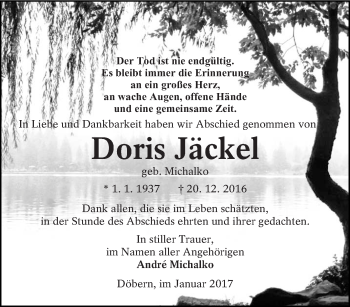 Traueranzeige von Doris Jäckel von lausitzer_rundschau