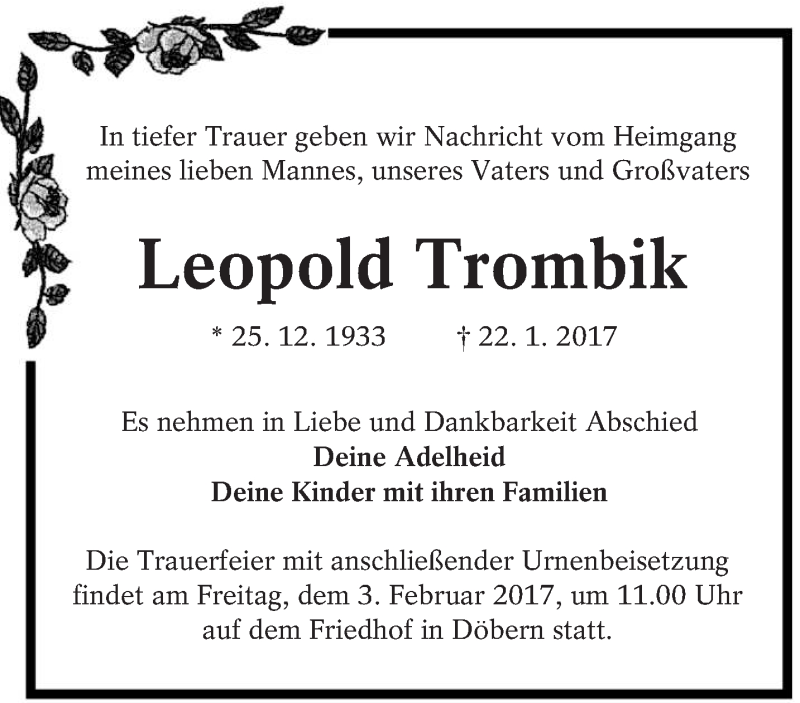  Traueranzeige für Leopold Trombik vom 25.01.2017 aus lausitzer_rundschau