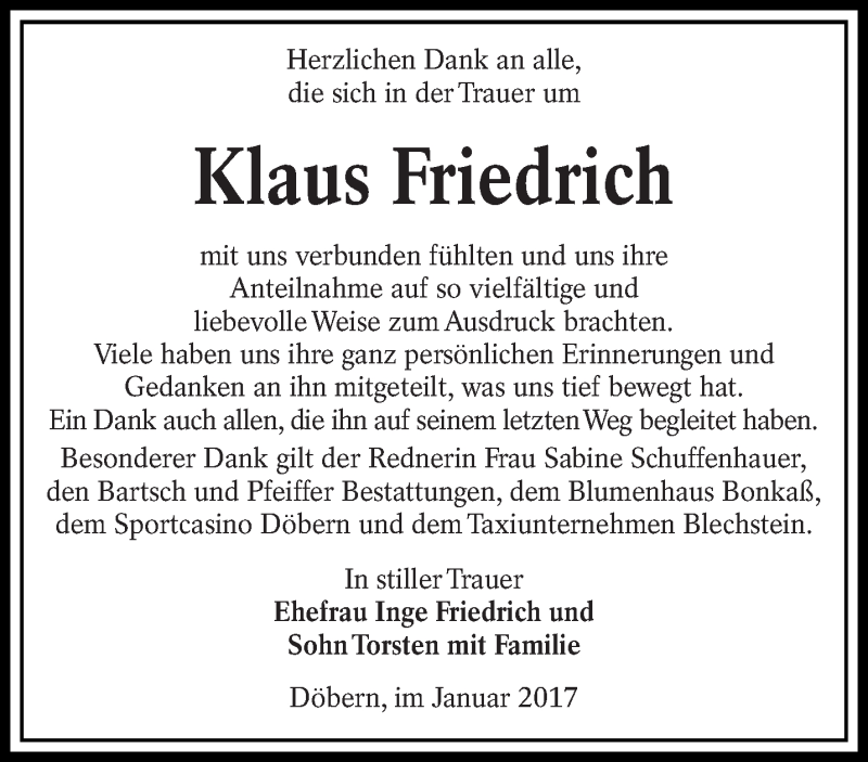  Traueranzeige für Klaus Friedrich vom 07.01.2017 aus lausitzer_rundschau