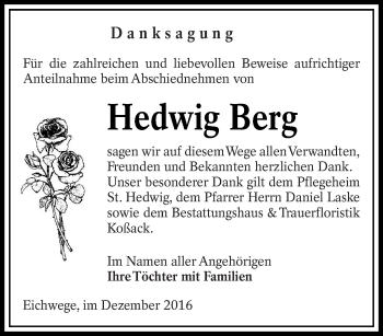 Traueranzeige von Hedwig Berg von lausitzer_rundschau