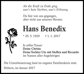 Traueranzeige von Hans Benedix von lausitzer_rundschau