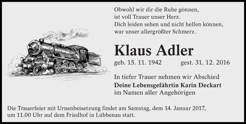  Traueranzeige für Klaus Adler vom 09.01.2017 aus lausitzer_rundschau
