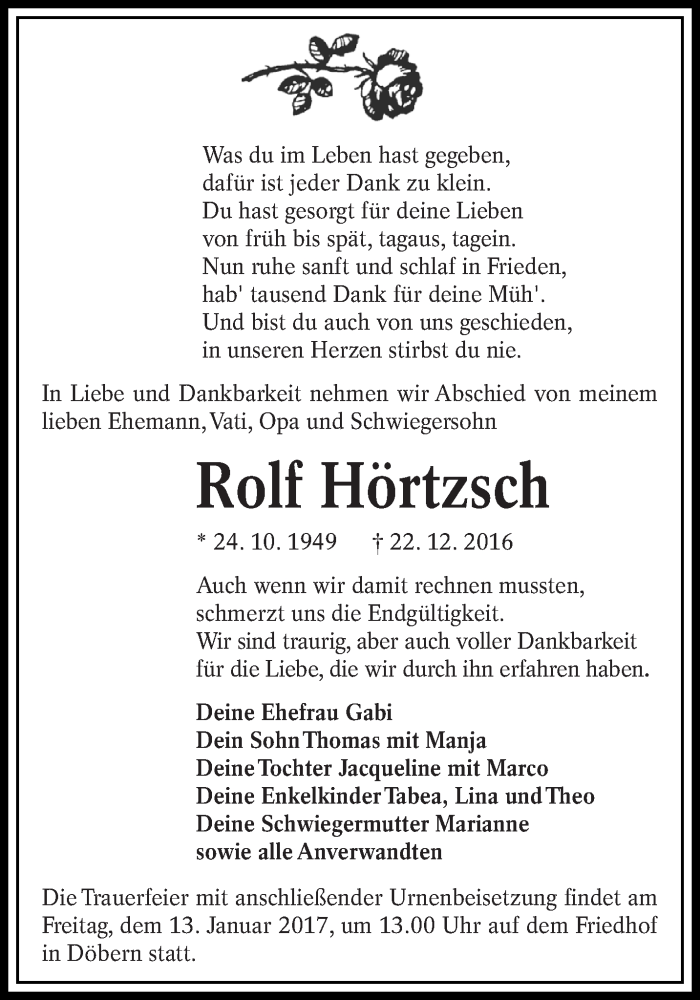  Traueranzeige für Rolf Hörtzsch vom 07.01.2017 aus lausitzer_rundschau