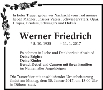 Traueranzeige von Werner Friedrich von lausitzer_rundschau