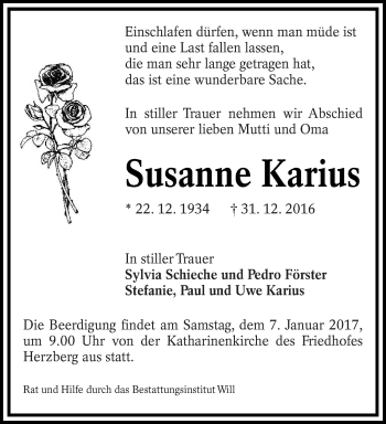 Traueranzeige von Susanne Karius von lausitzer_rundschau