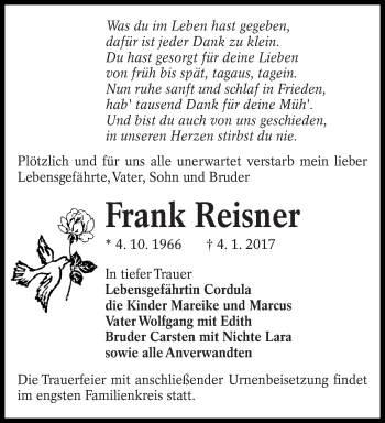 Traueranzeige von Frank Reisner von lausitzer_rundschau