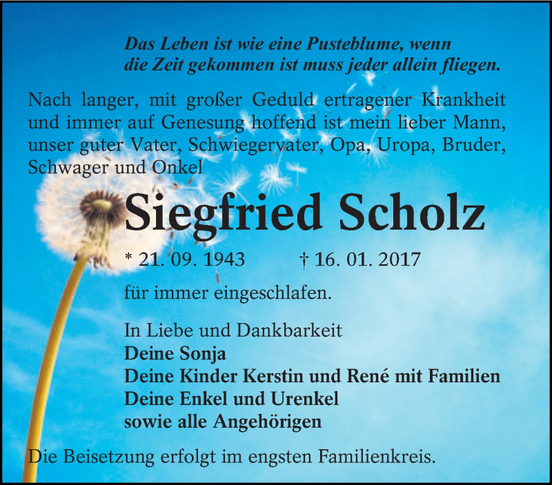  Traueranzeige für Siegfried Scholz vom 21.01.2017 aus lausitzer_rundschau