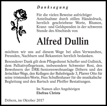 Traueranzeige von Alfred Dullin von lausitzer_rundschau