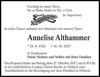 Traueranzeige von Annelise Althammer von lausitzer_rundschau