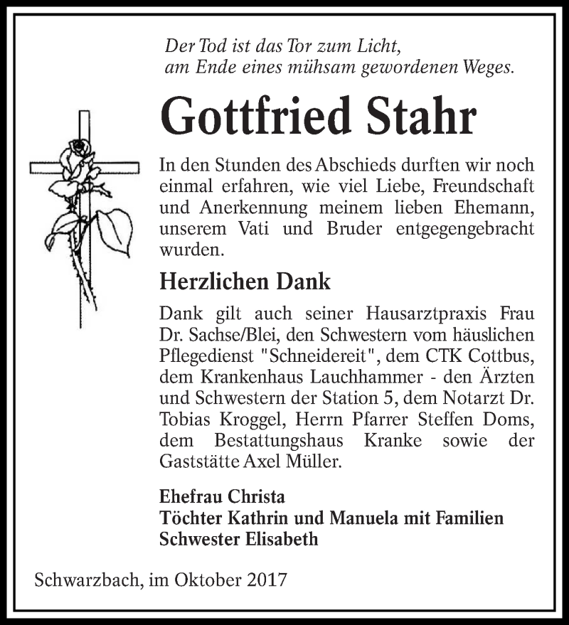  Traueranzeige für Gottfried Stahr vom 28.10.2017 aus lausitzer_rundschau
