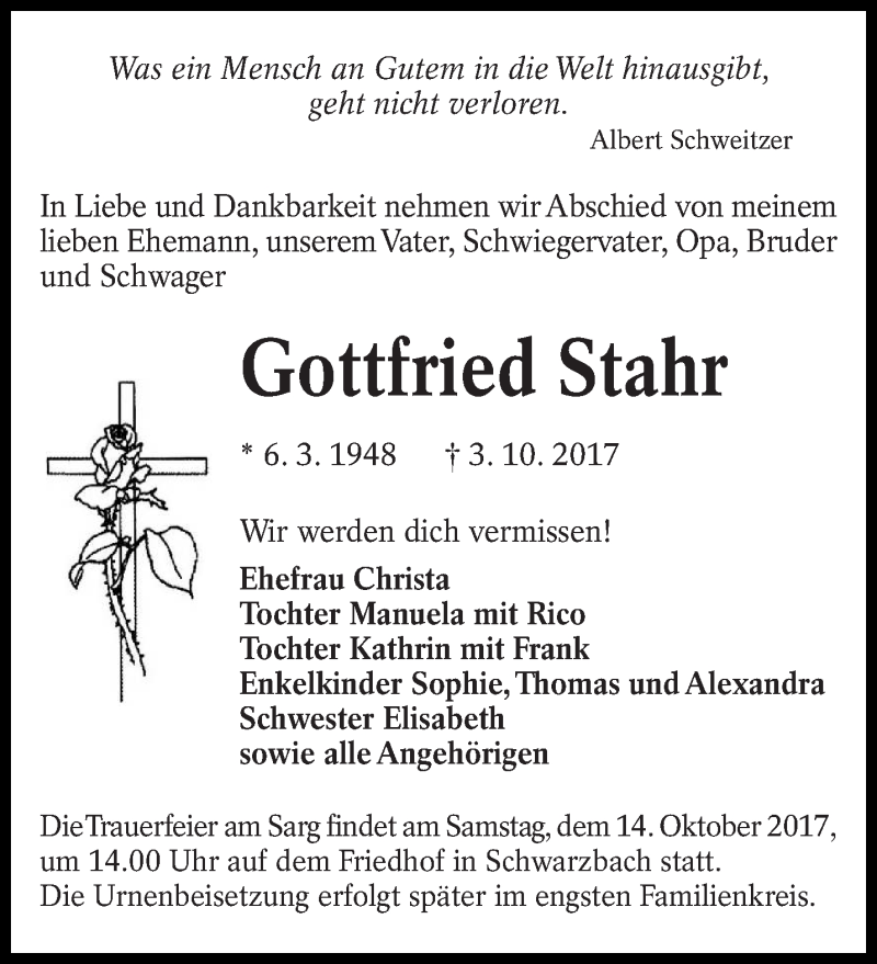  Traueranzeige für Gottfried Stahr vom 07.10.2017 aus lausitzer_rundschau