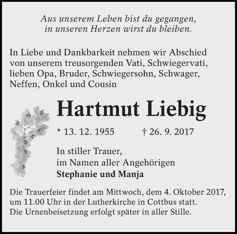  Traueranzeige für Hartmut Liebig vom 30.09.2017 aus lausitzer_rundschau